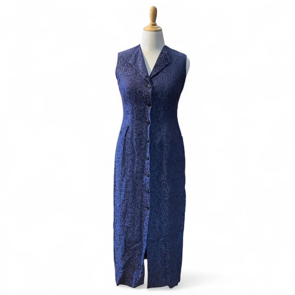 Vintage Escada Linen Dress Sz 40 Sleeveless Blue Button Front Midi Career - Picture 2 of 6